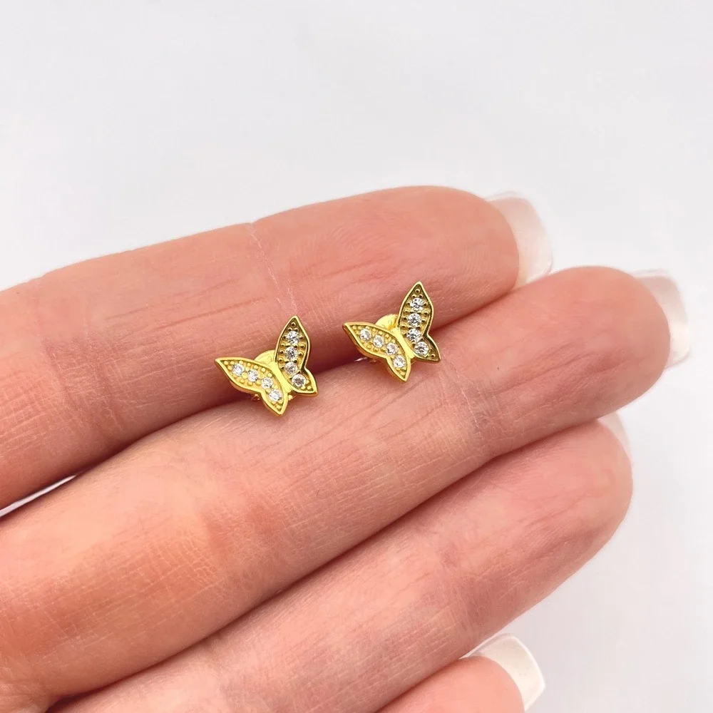 Sterling Tiny Sparkling Butterfly Post Earrings Gold‎ Wash Crystal Encrusted